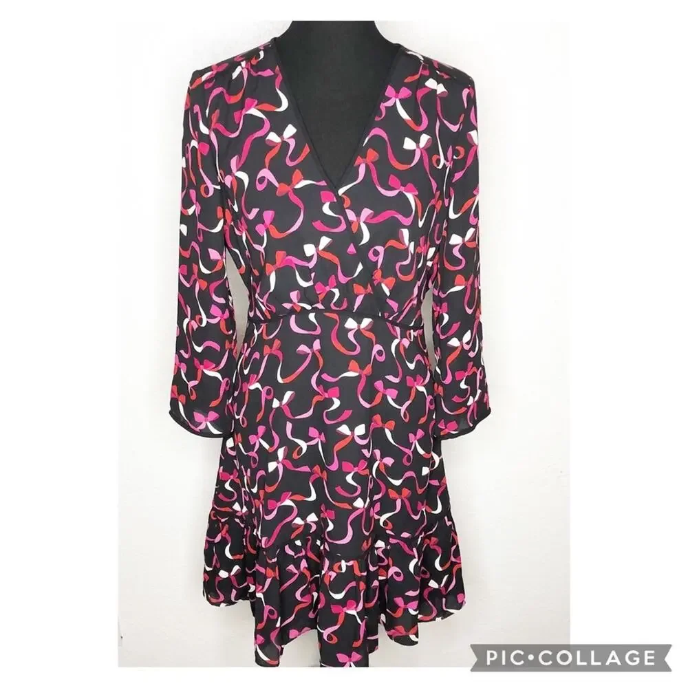 Kate Spade black red pink ribbon bow v neck dress size 6